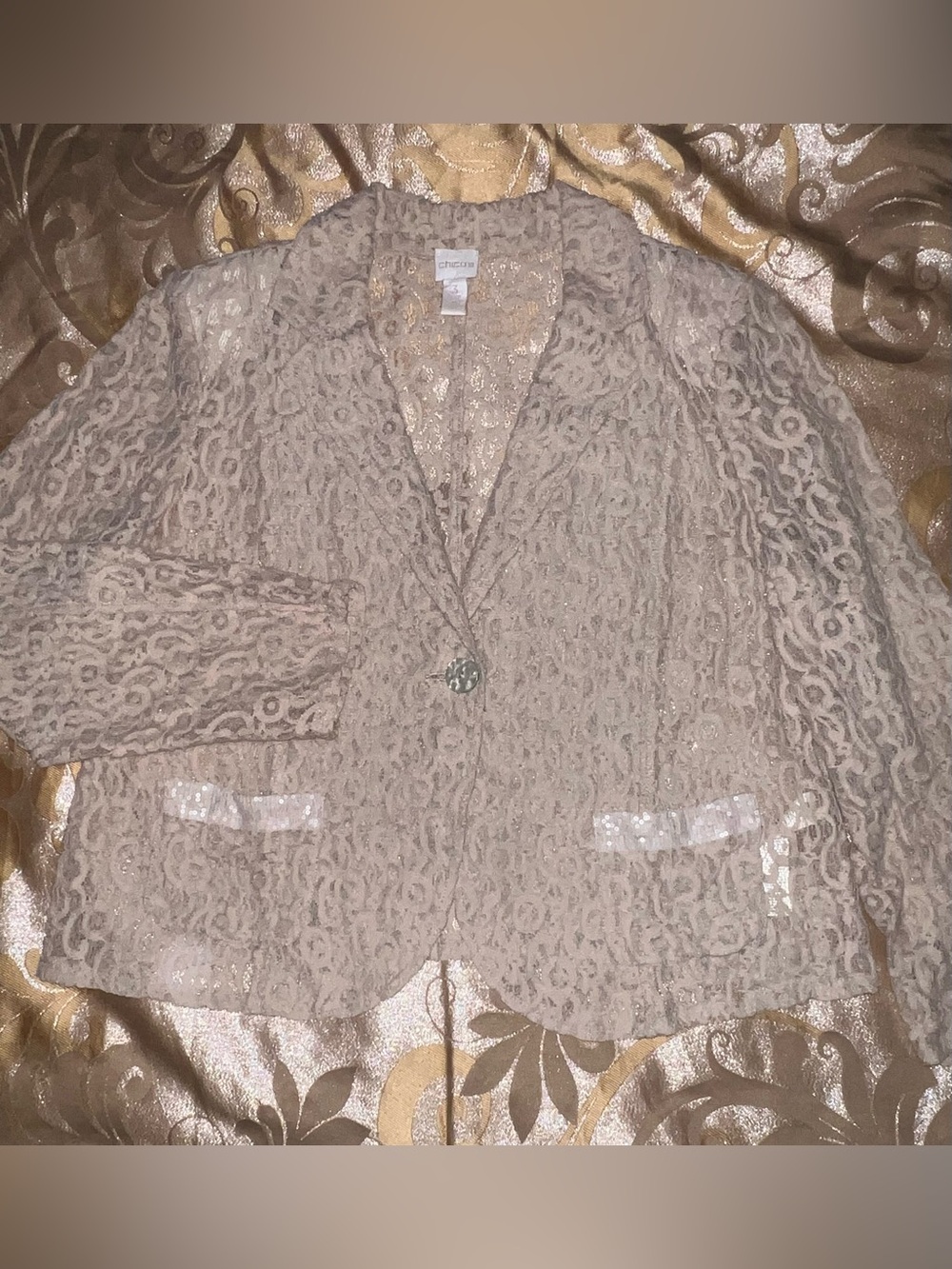 Chico's Cropped Lace Blazer Jacket Sequin Trim Beige Gold Size 3 XL-16